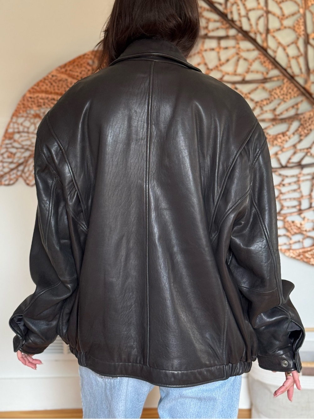 Vintage Black Leather Oversized Bomber Jacket Size - Picture 3 of 4
